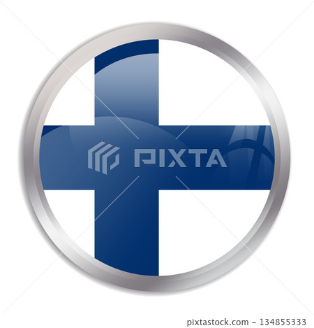 Finland flag - glossy circle button in metal frame displays a colorful flag of a country cultural identity and heritage. The essence of national pride and unity. 134855333