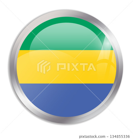 Gabon flag - glossy circle button in metal frame displays a colorful flag of a country cultural identity and heritage. The essence of national pride and unity. 134855336