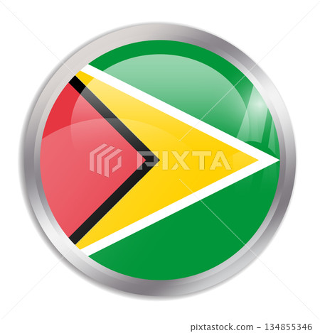 Guyana flag - glossy circle button in metal frame displays a colorful flag of a country cultural identity and heritage. The essence of national pride and unity. 134855346
