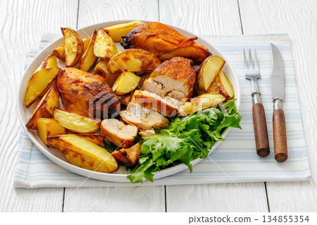 grilled juicy chicken breasts and roasted potatoes grilled juicy chicken breasts and roasted potatoes 134855354