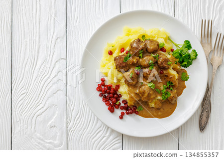 Swedish meatballs with mashed potatoes and gravy Swedish meatballs with mashed potatoes and gravy 134855357