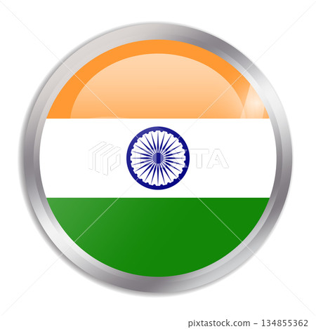 India flag - glossy circle button in metal frame displays a colorful flag of a country cultural identity and heritage. The essence of national pride and unity. India flag - glossy circle button in metal frame displays a colorful flag of a country cultural identity and heritage. The essence of national pride and unity. 134855362