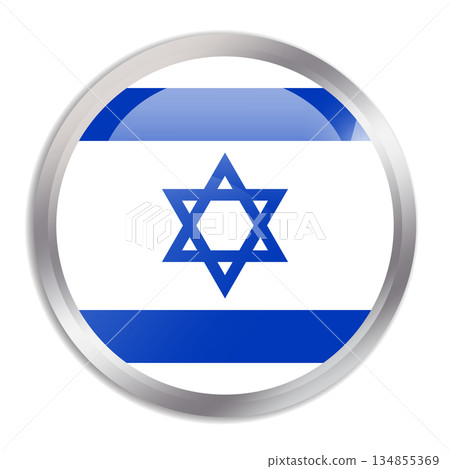 Israel flag - glossy circle button in metal frame displays a colorful flag of a country cultural identity and heritage. The essence of national pride and unity. 134855369