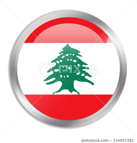 Lebanon flag - glossy circle button in metal frame displays a colorful flag of a country cultural identity and heritage. The essence of national pride and unity. 134855382