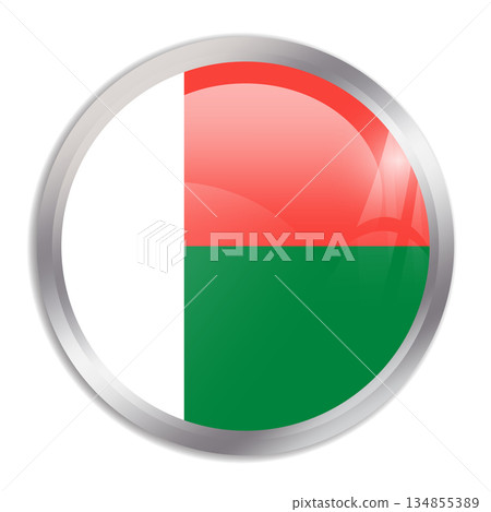 Madagascar flag - glossy circle button in metal frame displays a colorful flag of a country cultural identity and heritage. The essence of national pride and unity. 134855389