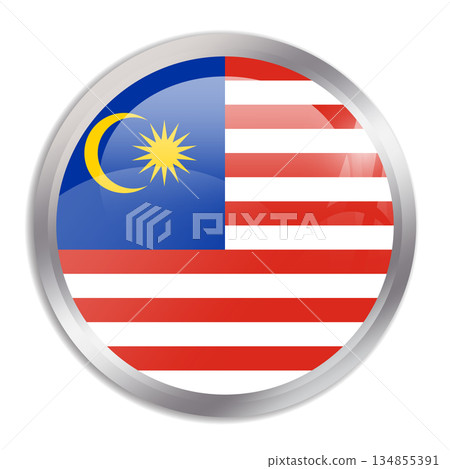 Malaysia flag - glossy circle button in metal frame displays a colorful flag of a country cultural identity and heritage. The essence of national pride and unity. 134855391