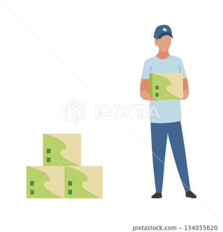 A delivery man is carefully holding a box next to a large pile of boxes A delivery man is carefully holding a box next to a large pile of boxes 134855620