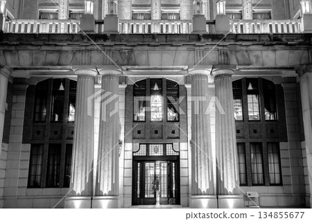 Lighting up Mitsubishi UFJ Trust and Banking Corporation Head Office Building (commercial complex) and the Japan Industrial Club Building for newspaper advertisements 134855677