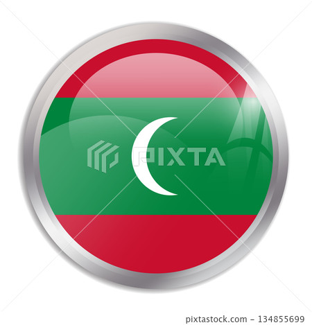 Maldives flag - glossy circle button in metal frame displays a colorful flag of a country cultural identity and heritage. The essence of national pride and unity. 134855699