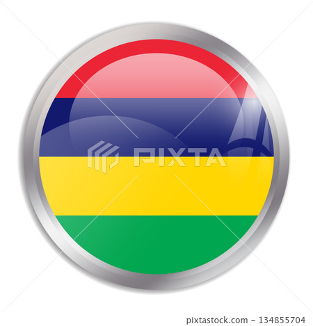 Mauritius flag - glossy circle button in metal frame displays a colorful flag of a country cultural identity and heritage. The essence of national pride and unity. Mauritius flag - glossy circle button in metal frame displays a colorful flag of a country cultural identity and heritage. The essence of national pride and unity. 134855704