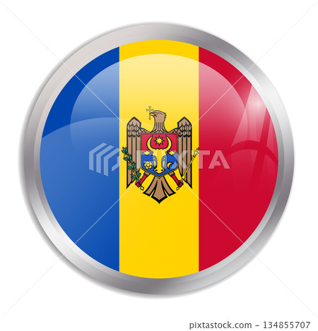 Moldova flag - glossy circle button in metal frame displays a colorful flag of a country cultural identity and heritage. The essence of national pride and unity. 134855707