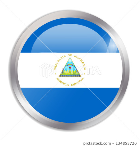 Nicaragua flag - glossy circle button in metal frame displays a colorful flag of a country cultural identity and heritage. The essence of national pride and unity. 134855720