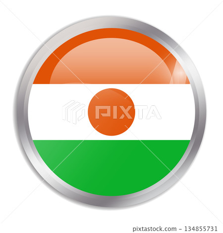 Niger flag - glossy circle button in metal frame displays a colorful flag of a country cultural identity and heritage. The essence of national pride and unity. 134855731