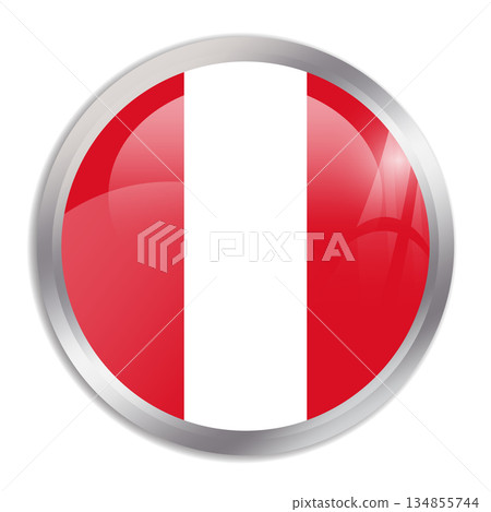 Peru flag - glossy circle button in metal frame displays a colorful flag of a country cultural identity and heritage. The essence of national pride and unity. 134855744