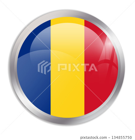 Romania flag - glossy circle button in metal frame displays a colorful flag of a country cultural identity and heritage. The essence of national pride and unity. 134855750