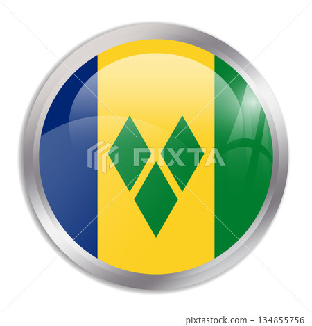 Saint Vincent and the Grenadines flag - glossy circle button in metal frame displays a colorful flag of a country cultural identity and heritage. The essence of national pride and unity. Saint Vincent and the Grenadines flag - glossy circle button in metal frame displays a colorful flag of a country cultural identity and heritage. The essence of national pride and unity. 134855756