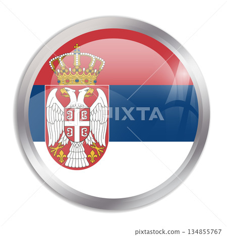 Serbia flag - glossy circle button in metal frame displays a colorful flag of a country cultural identity and heritage. The essence of national pride and unity. 134855767