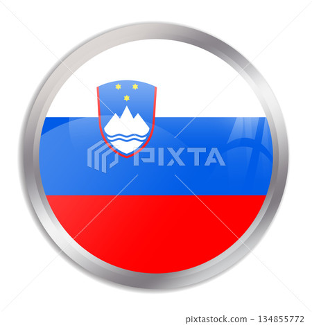 Slovenia flag - glossy circle button in metal frame displays a colorful flag of a country cultural identity and heritage. The essence of national pride and unity. 134855772