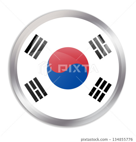 South Korea flag - glossy circle button in metal frame displays a colorful flag of a country cultural identity and heritage. The essence of national pride and unity. 134855776