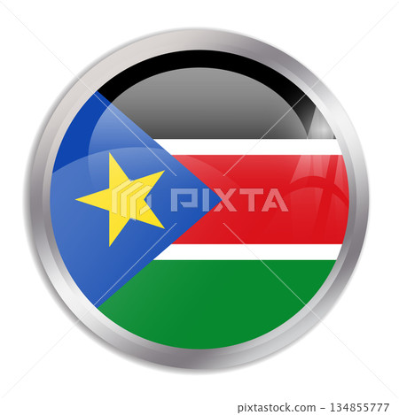 South Sudan flag - glossy circle button in metal frame displays a colorful flag of a country cultural identity and heritage. The essence of national pride and unity. 134855777