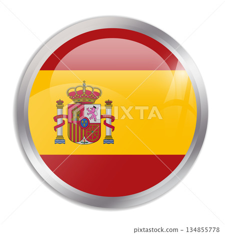 Spain flag - glossy circle button in metal frame displays a colorful flag of a country cultural identity and heritage. The essence of national pride and unity. 134855778