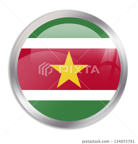 Suriname flag - glossy circle button in metal frame displays a colorful flag of a country cultural identity and heritage. The essence of national pride and unity. Suriname flag - glossy circle button in metal frame displays a colorful flag of a country cultural identity and heritage. The essence of national pride and unity. 134855781