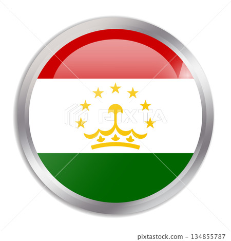 Tajikistan flag - glossy circle button in metal frame displays a colorful flag of a country cultural identity and heritage. The essence of national pride and unity. Tajikistan flag - glossy circle button in metal frame displays a colorful flag of a country cultural identity and heritage. The essence of national pride and unity. 134855787