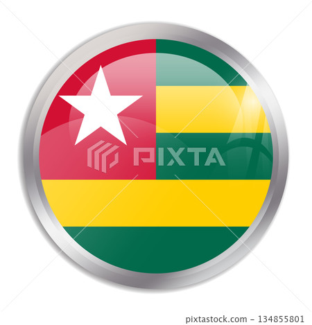 Togo flag - glossy circle button in metal frame displays a colorful flag of a country cultural identity and heritage. The essence of national pride and unity. Togo flag - glossy circle button in metal frame displays a colorful flag of a country cultural identity and heritage. The essence of national pride and unity. 134855801