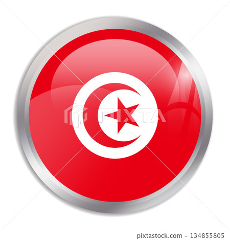 Tunisia flag - glossy circle button in metal frame displays a colorful flag of a country cultural identity and heritage. The essence of national pride and unity. 134855805
