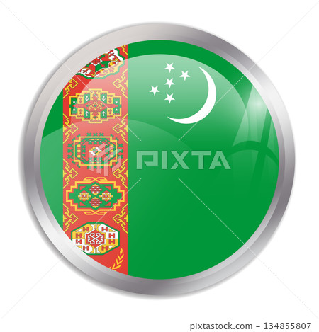 Turkmenistan flag - glossy circle button in metal frame displays a colorful flag of a country cultural identity and heritage. The essence of national pride and unity. 134855807