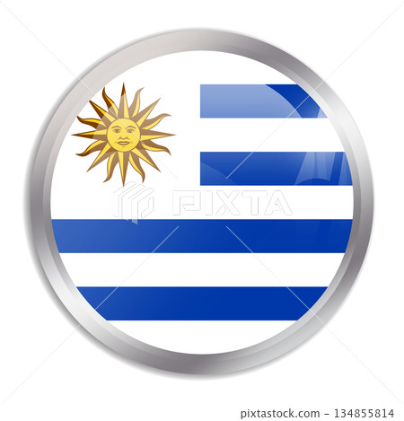 Uruguay flag - glossy circle button in metal frame displays a colorful flag of a country cultural identity and heritage. The essence of national pride and unity. 134855814