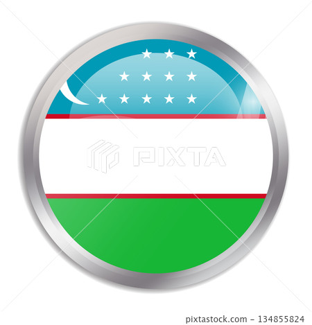 Uzbekistan flag - glossy circle button in metal frame displays a colorful flag of a country cultural identity and heritage. The essence of national pride and unity. 134855824