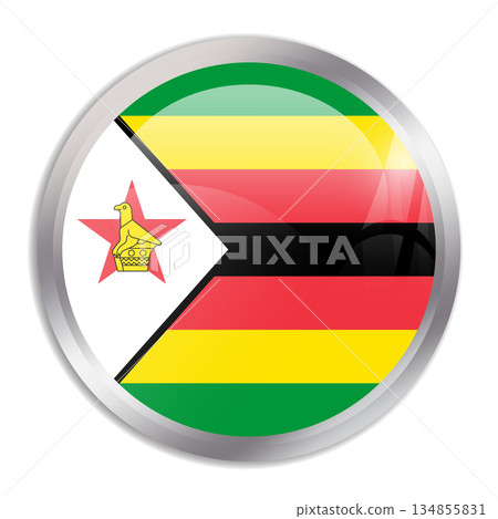 Zimbabwe flag - glossy circle button in metal frame displays a colorful flag of a country cultural identity and heritage. The essence of national pride and unity. 134855831
