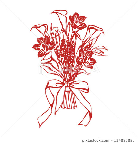 A bouquet of wildflowers with a bow in a red outline style. Hand-drawn elegant floral motifs, leaves, and herbs. Vector illustration for tattoos, wedding invitations, or Valentines Day A bouquet of wildflowers with a bow in a red outline style. Hand-drawn elegant floral motifs, leaves, and herbs. Vector illustration for tattoos, wedding invitations, or Valentines Day 134855883