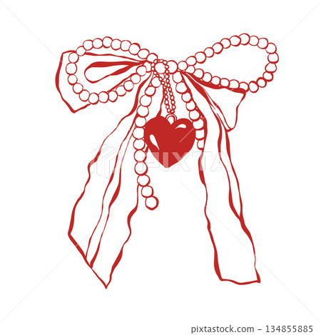 Coquette Valentine clipart. Red Ribbon Bow. Vintage Heart with Pearls . Vector outline illustration for wedding, valentines day 134855885