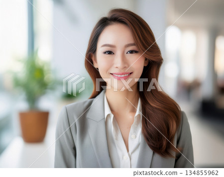 笑容燦爛、長髮飄飄的年輕女商人 134855962