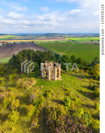 The drone captures the remains of the Chapel of the Exaltation of the Holy Cross in Bristev, surrounded by lush greenery and farmlands under a clear blue sky, showcasing nature reclaiming history. 134856128