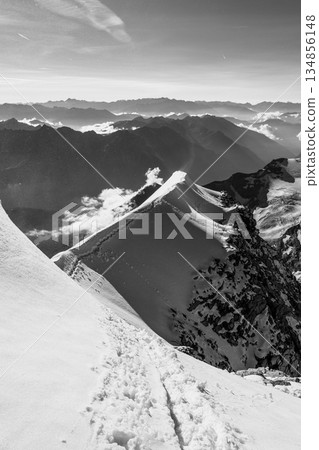 The sharp and steep ridge of Piz Palu showcases a breathtaking ascent. The snowy path leads through the stunning Swiss Alps, offering stunning views of the Bernina range. 134856148