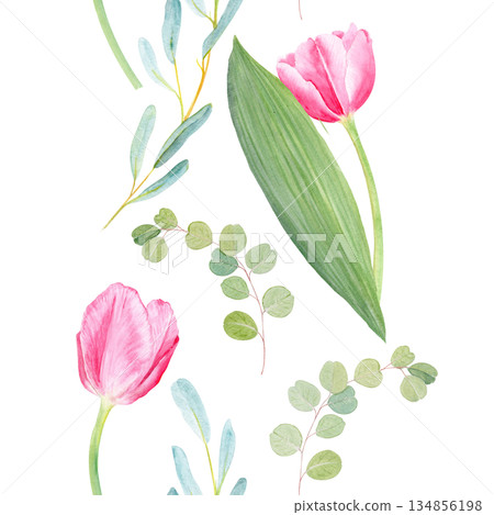 Pink tulips with eucalyptus leaves watercolor seamless border on beige. Perfect for wedding, spring floral arrangements, cards, textile patterns, natural decor, botanical room design. Vertical 134856198