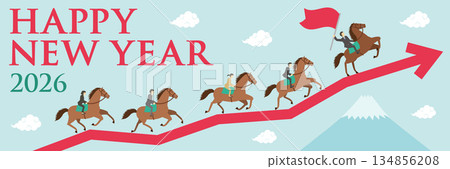 一張橫版新年賀卡,圖案包括代表馬年的箭頭、富士山和騎馬的商人。 一張橫版新年賀卡,圖案包括代表馬年的箭頭、富士山和騎馬的商人。 134856208