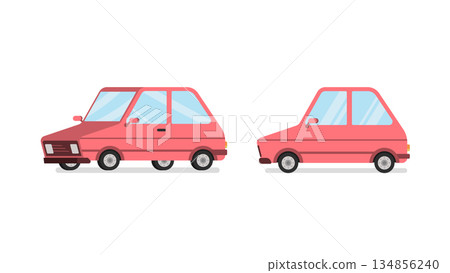 Retro Compact Car Flat design Set. Retro Hatchback Car.Front and Side View 134856240
