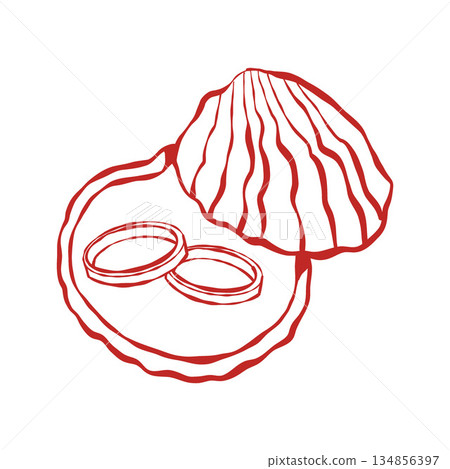 Wedding rings in a pearl shell doodle, whimsical wedding rings. Vector outline illustration in red Wedding rings in a pearl shell doodle, whimsical wedding rings. Vector outline illustration in red 134856397