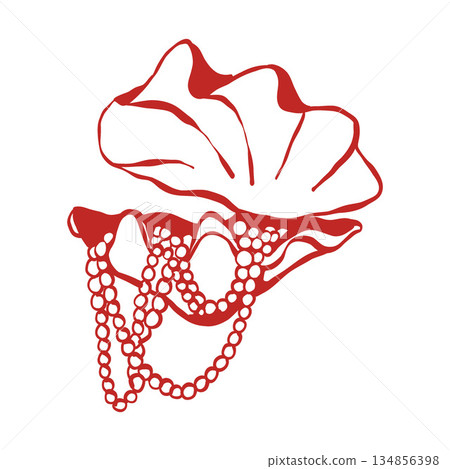 Outline illustration of an open seashell with a string of pearls. Red line clip art in vintage style. Vector illustration for weddings, birthdays, and parties in a nautical theme Outline illustration of an open seashell with a string of pearls. Red line clip art in vintage style. Vector illustration for weddings, birthdays, and parties in a nautical theme 134856398