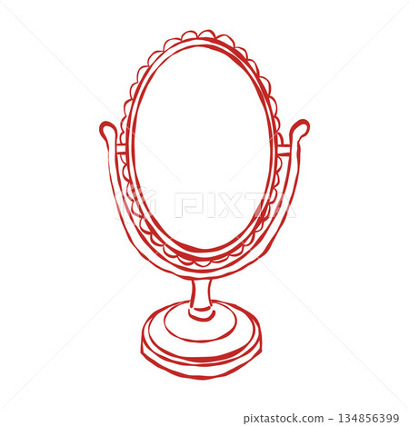 An oval, ornamental Baroque table mirror. A vintage womens accessory. Vector retro outline illustration in red 134856399