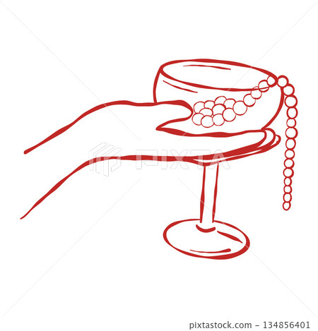 Outline illustration of a hand holding a wine glass and a string of pearls. Red line clip art in vintage style. Vector illustration for weddings, birthdays, and parties in retro style Outline illustration of a hand holding a wine glass and a string of pearls. Red line clip art in vintage style. Vector illustration for weddings, birthdays, and parties in retro style 134856401