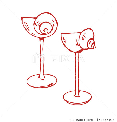 Outline illustration of wine glasses shaped like shells. Red line clip art in vintage style. Vector illustration for weddings, birthdays, and parties in a nautical theme 134856402