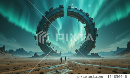 Giant Circular Portal Structure Standing In Desert Under Green Aurora Borealis Giant Circular Portal Structure Standing In Desert Under Green Aurora Borealis 134856646