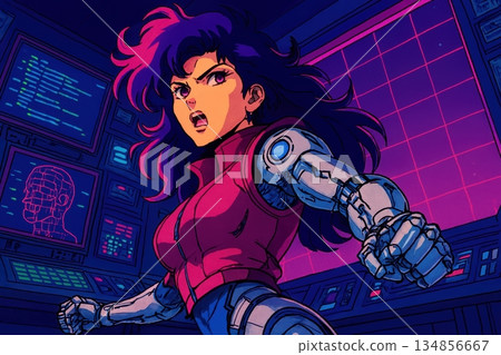 Powerful Cyborg Woman Striking A Heroic Pose Inside A Glowing Command Center 134856667