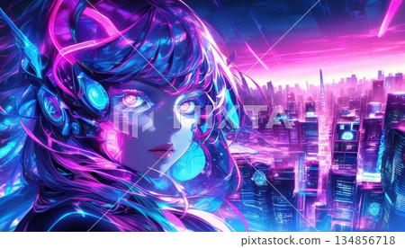 Cybernetic girl with glowing eyes overlooking a neon lit futuristic cityscape 134856718
