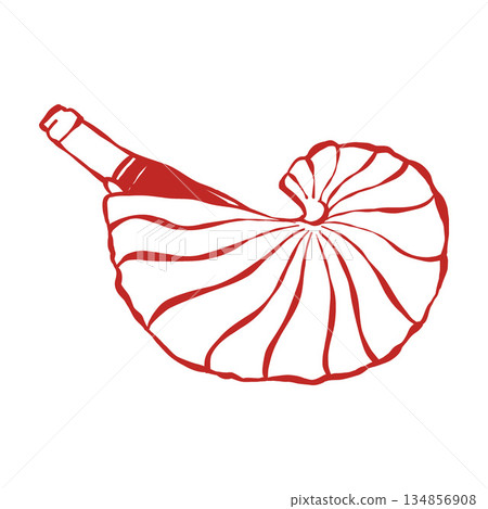 A bottle of wine in a shell. Hand-drawn line sketch, doodle, coastal seascape illustration. Vector outline illustration for weddings and celebrations in a nautical vintage style 134856908